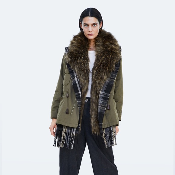 ZARA CONTRAST CHECKED FAUX FUR PARKA COAT JACKET NEW WITH TAGS SIZE XS KHAKI - Picture 3 of 13
